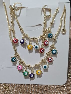 Gold-Tone Multi-Color Evil Eye Charm Necklace Set